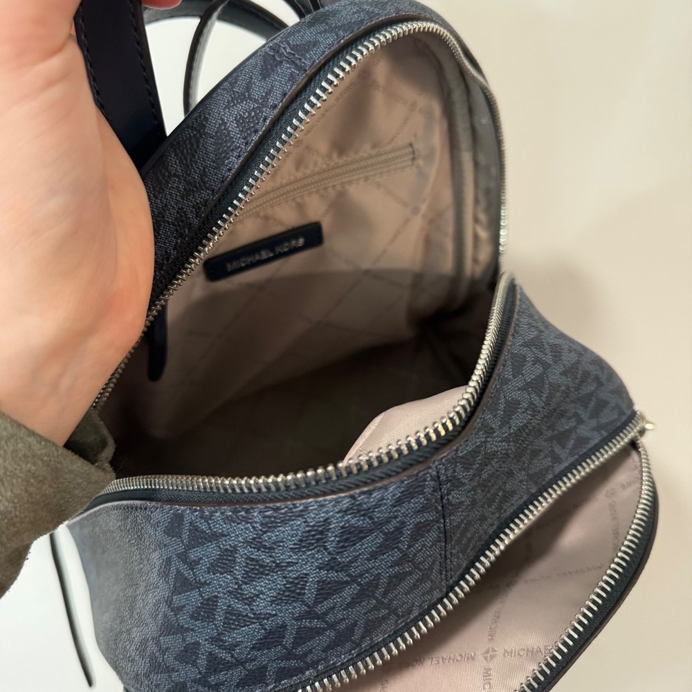 Michael Kors Womens Rhea Backpack Medium Navy Blue Excellent Monogram - Picture 6 of 8